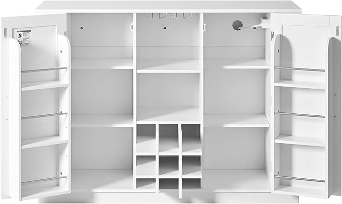 47.2" Kitchen Island with Drop Leaf & Power Outlet, Wine Bar with Bottle Rack & Glass Holder, 2-Door Buffet Sideboard with Side Shelves for Dining Room (White-85R)