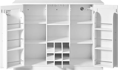 47.2" Kitchen Island with Drop Leaf & Power Outlet, Wine Bar with Bottle Rack & Glass Holder, 2-Door Buffet Sideboard with Side Shelves for Dining Room (White-85R)