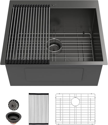 Sarlai Laundry Sink - Drop In 25"x22"x12" Deep Black Laundry Utility Sink Drop-in Topmount Single Bowl Sink 16 Gauge Stainless Steel Gunmetal Black Kitchen Laundry Room Sinks
