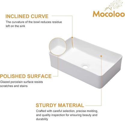 Mocoloo Bathroom Vessel Sink Rectangular 21"X14" Modern Rectangle Countertop Vessel Sink White Porcelain Ceramic Lavatory Vanity Sink Above Counter Basin