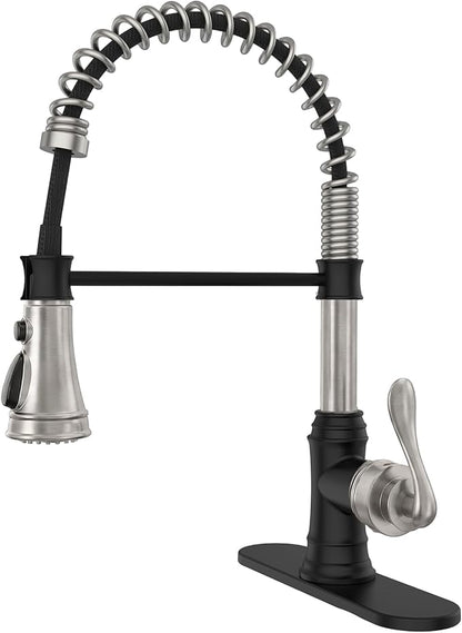 BWE Kitchen Faucet with Pull Down Sprayer, 3 Function High Arc Farmhouse Commercial Bar Sink Faucet, Black and Brushed Nickel Kitchen Sink Faucets