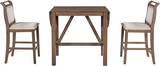 Farmhouse 3 Piece Counter Height Dining Table Set with Drop Leaf Round and 2 Upholstered Dining Chairs, Heavy Solid Wood Kitchen Dining Table Set for Small Place (Brown/Drop Leaf*A)
