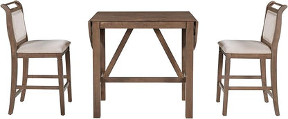 Farmhouse 3 Piece Counter Height Dining Table Set with Drop Leaf Round and 2 Upholstered Dining Chairs, Heavy Solid Wood Kitchen Dining Table Set for Small Place (Brown/Drop Leaf*A)