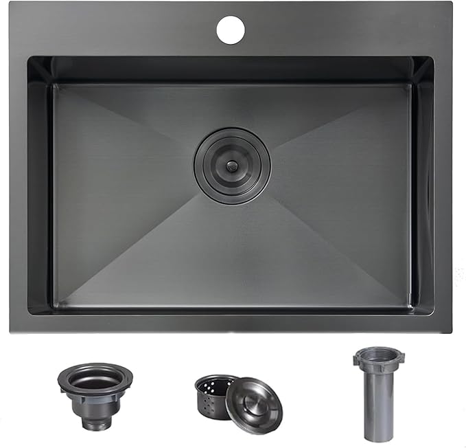 Comllen 22x18 Inch Black Kitchen Sink,Drop In 16 Gauge RV Small Kitchen Bar Sinks,Stainless Steel Topmount Outdoor Prep Single Bowl Workstation Wet Bar Sink