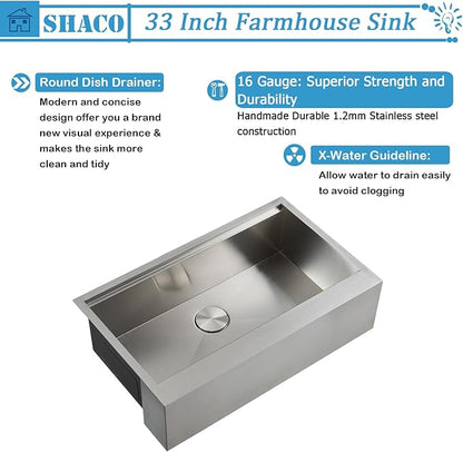 SHACO 33 Inch Stainless Steel Farmhouse Sink, 33x20 Single Bowl Ledge Workstation Flat Apron Front Farm Kitchen Sink with Cutting Board, Brushed Nickel