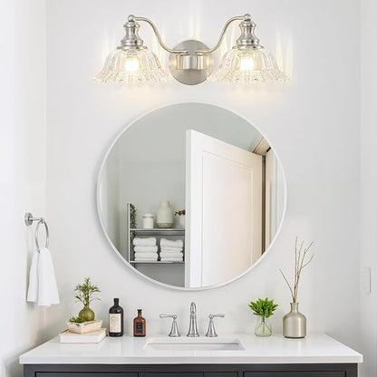 Brushed Nickel Bathroom Light Fixtures Over Mirror, 2 Light Vintage Bathroom Vanity Light Fixture with Clear Flower Glass Shades, Retro Vanity Lights for Bathroom, Bathroom Vanity Lights Over Mirror