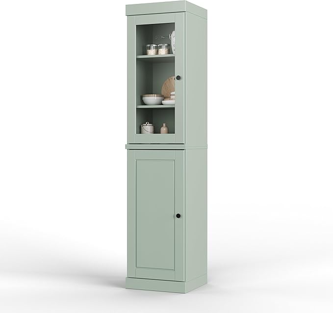 Palace Imports Solid Wood Kitchen Pantry - Narrow Storage Cabinet - 16.5" Wide x 71.5" Tall - 1 Raised Panel & 1 Glass Door, Sage, Adjustable Shelves, 100% Eco-Friendly Wood, Modular Cabinets