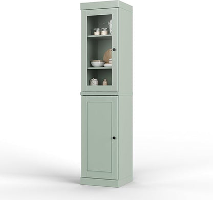 Palace Imports Solid Wood Kitchen Pantry - Narrow Storage Cabinet - 16.5" Wide x 71.5" Tall - 1 Raised Panel & 1 Glass Door, Sage, Adjustable Shelves, 100% Eco-Friendly Wood, Modular Cabinets