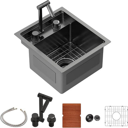 Sarlai Black Undermount Bar Sink - 15x17 Inch Outdoor Kitchen Sink RV Workstation Gunmetal Black 16 Gauge Stainless Steel Single Bowl Handmade Outdoor BBQ Sinks With Foldable Faucet