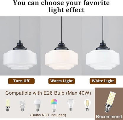 Schoolhouse Pendant Light 9.84" Vintage Milk Glass Chandelier Black Mid Century Modern Pendant Lighting Fixture for Kitchen Island Dining Room Living Room Hallway, Adjustable Height (E26)