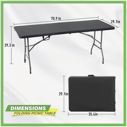 BestOffice Outdoor 6 FT Folding Camping Table Plastic Table Portable Square Height Dining Table Perfect for Picnics, Parties, Party and Camping, Black