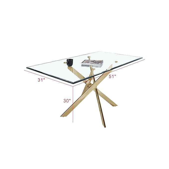 51" Glass Dining Table for 4-6, Modern Dining Room Table with 0.39" Tempered Glass Top and Cross X-Shaped Gold Stainless Steel Base, Rectangle Kitchen Dinner Table for Dining Room