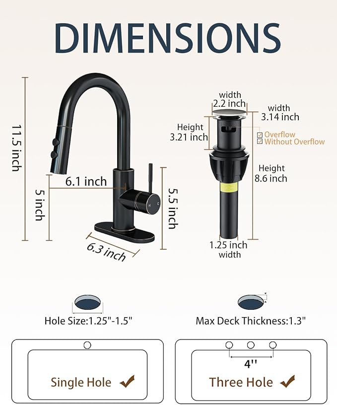 Fransiton Bathroom Faucets with Pull Down Sprayer, Bar Sink Faucet Single Hole for Kitchen Campers with Pop-Up Drain Hose, Suitable for Farmhouse Vanity Lavatory