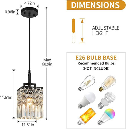 Modern Crystal Pendant Light Kitchen Island Farmhouse Lamp Adjustable Height Hanging Lighting Square Black Chandelier Suitable for Kitchen Island Dining Room and Bedroom(3Pack)