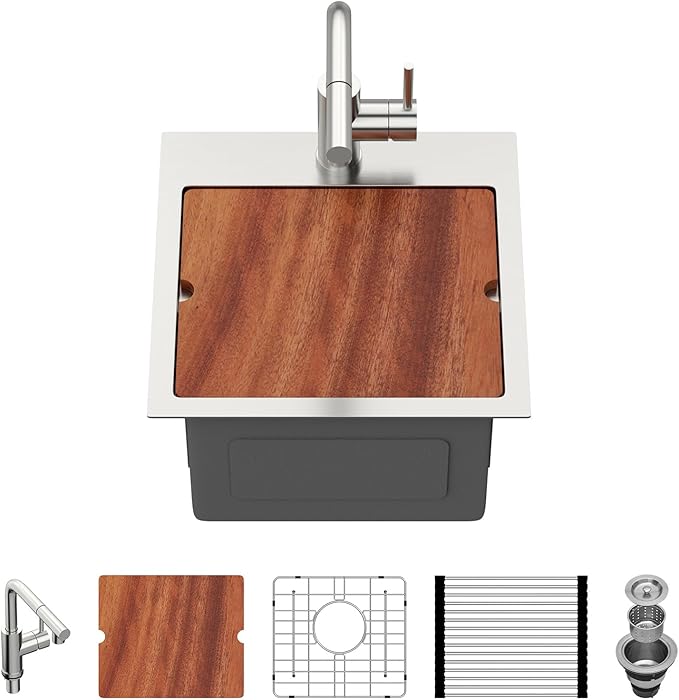 15 Outdoor Kitchen Sink with Faucet- Beslend 15X15 Drop In Outdoor Bar Sink with Pull-Out Faucet and Cover, 16 Gauge Stainless Steel Kitchen Sinks Workstation Single Bowl Above Counter Indoor Outdoor