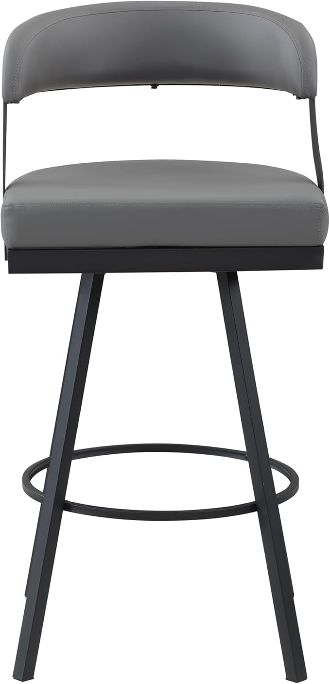 Lexicon Swivel Bar Stools Set of 2 - Bar Height Stools for Kitchen Island, Padded Seat, Open Back, Sturdy Black Metal Frame Finish and Grey Faux Leather Cushion Seat, Grey