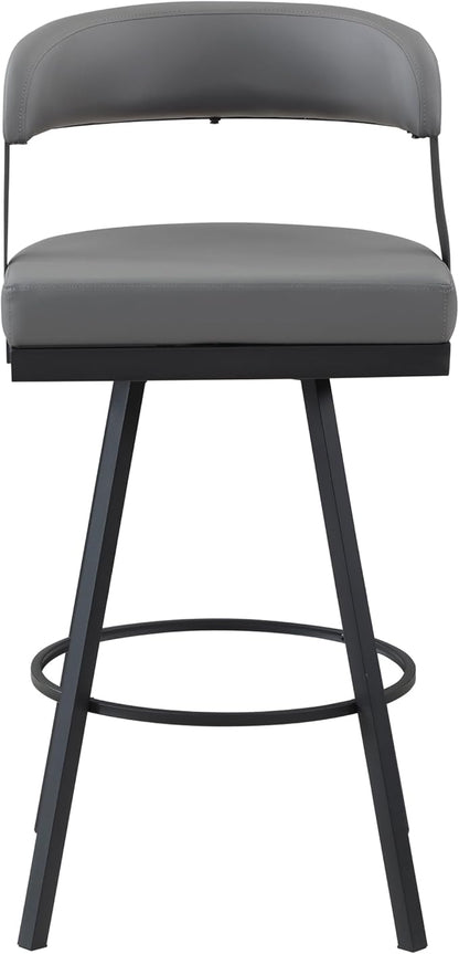 Lexicon Swivel Bar Stools Set of 2 - Bar Height Stools for Kitchen Island, Padded Seat, Open Back, Sturdy Black Metal Frame Finish and Grey Faux Leather Cushion Seat, Grey