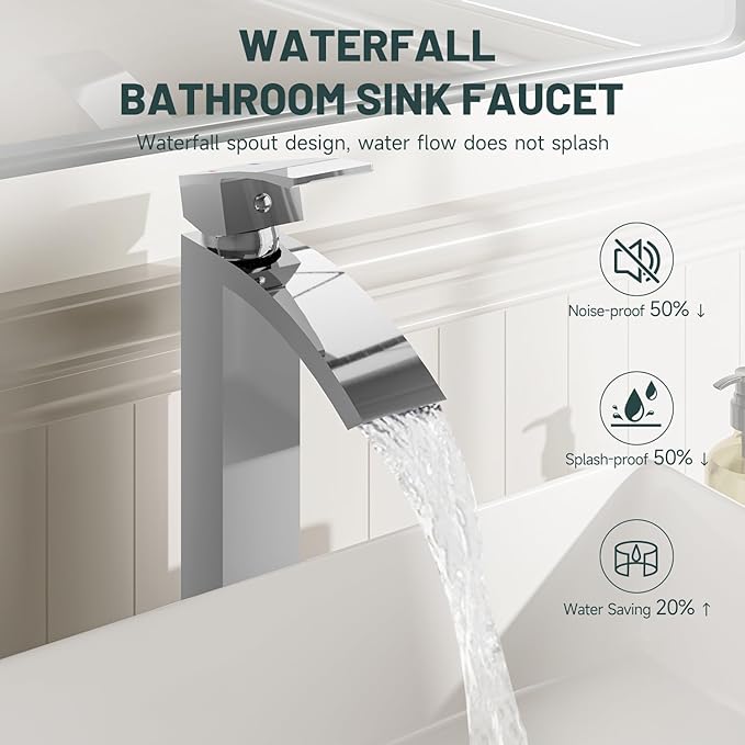 Chrome Vessel Sink Faucet, Greenspring Waterfall Bathroom Faucets, Tall Spout Single Handle Single Hole Bathroom Faucets with Pop Up Drain and Without Overflow Basin Faucet Supply Line