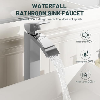 Chrome Vessel Sink Faucet, Greenspring Waterfall Bathroom Faucets, Tall Spout Single Handle Single Hole Bathroom Faucets with Pop Up Drain and Without Overflow Basin Faucet Supply Line