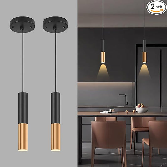 Simple and Modern Black Cylindrical Pendant, 1-Light Chandelier with Adjustable Rope, Matching GU10 Sockets for Living Room, Bedroom and Dining Room (Spotlight) (2 Pack)