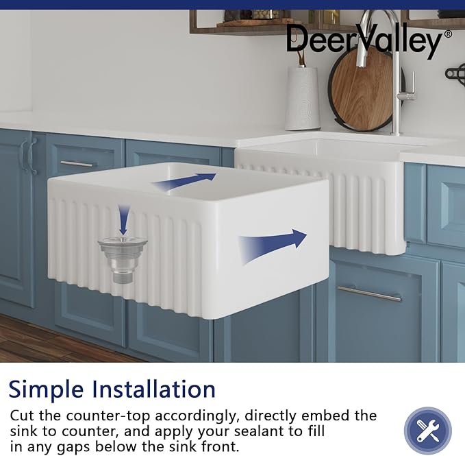 DeerValley Farmhouse Single Kitchen Sink, 24" L x 18" W White Reversible Single Bowl Farm Sink with Apron Front Ceramic Kitchen Sinks with Grid & Strainer