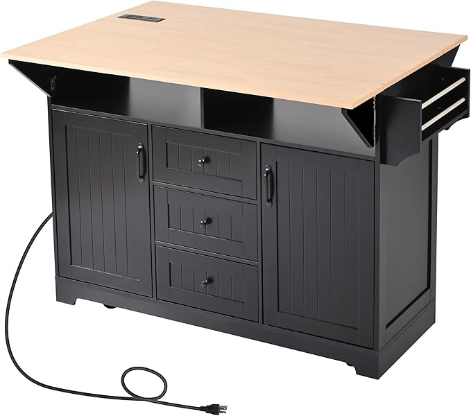 Modern Dining Table 55.7'' Large Kitchen Island with 2 Drop, Rolling Cart on 5 Wheels with Power Outlet, Folding Dining Table with Spice & Towel Rack for Kitchen Living Room,Black-MDF