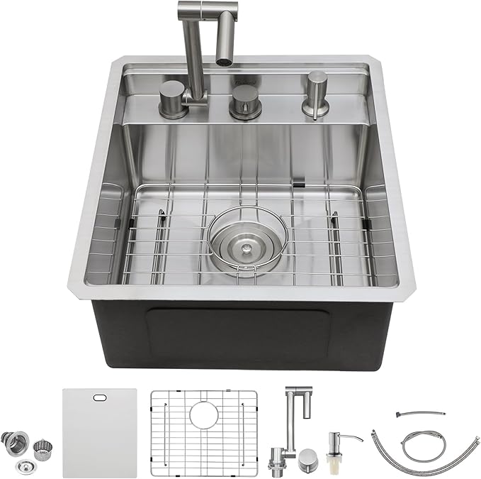 Outdoor Sink and Faucet - Beslend 17x19x9 Inch Undermount Bar Sink With Folding Faucet and Cover 16 Gauge Stainless Steel Single Bowl Sink Indoor Outdoor