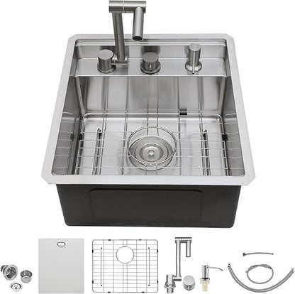 Outdoor Sink and Faucet - Beslend 17x19x9 Inch Undermount Bar Sink With Folding Faucet and Cover 16 Gauge Stainless Steel Single Bowl Sink Indoor Outdoor