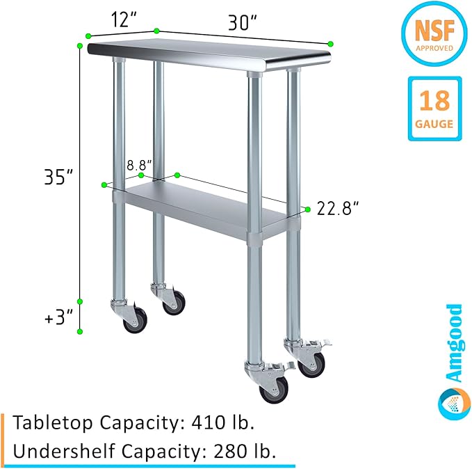 Stainless Steel Work Table with Wheels | NSF Kitchen Island Food Prep | Laundry Garage Utility Bench (Table + Wheels, 12" Long x 30" Deep)