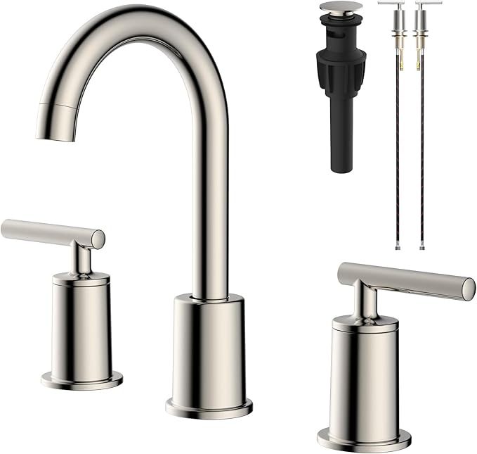 VXV Brushed Nickel Bathroom Faucet 3 Hole Widespread with Easy Installation, 2-Handle 8 Inch Bathroom Sink Faucet 360° Swivel Spout, Pre-Attached Hoses & Drain Included, Vanity Faucet for Bath Sink