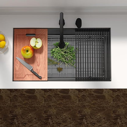 Lordear 33 Inch Black Undermount Kitchen Sink Workstation 16 Gauge Stainless Steel Single Bowl with Built-in Accessories, 33x19x9 Inch Gunmetal Black Nano-pvd