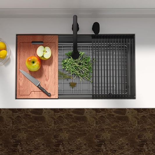 Lordear 33 Inch Black Undermount Kitchen Sink Workstation 16 Gauge Stainless Steel Single Bowl with Built-in Accessories, 33x19x9 Inch Gunmetal Black Nano-pvd
