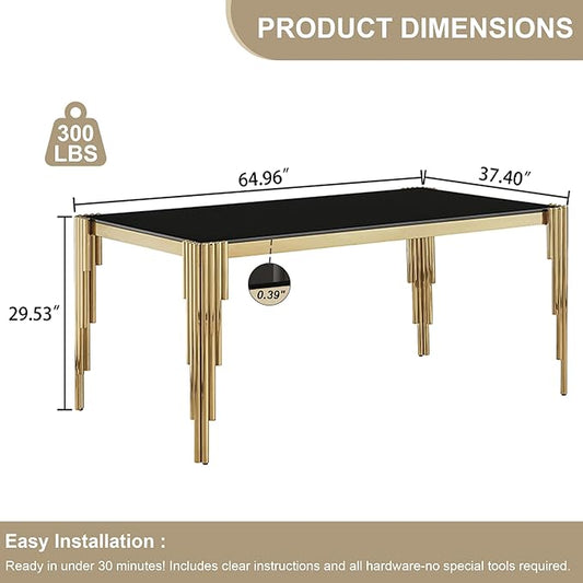 Modern Rectangle Glass Dining Table, 65" Black Tempered Glass Desktop with Gold Mirrored Stainless Steel Legs, Stylish Elegant for 6 People, for Kitchen, Living Room, Office