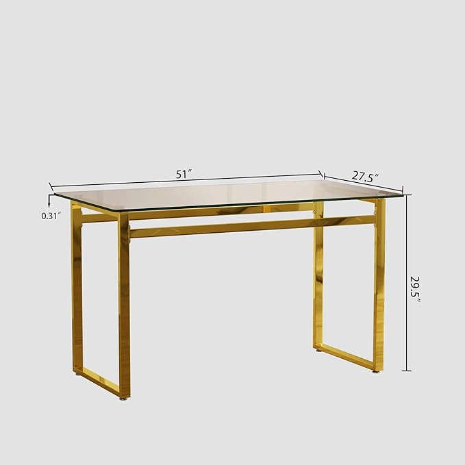 Modern Glass Dining Table for 4-6, 51" Rectangular Kitchen Dining Room Table with 0.31" Tempered Glass Tabletop and Gold Chrome Metal Legs, Writing Table Desk, for Kitchen Dining Living Room (Gold)