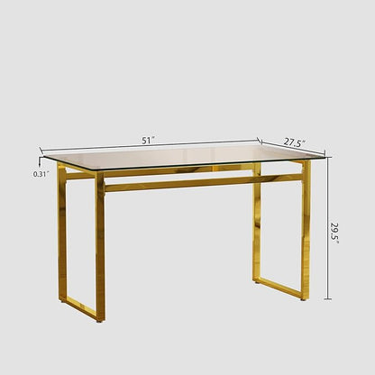 Modern Glass Dining Table for 4-6, 51" Rectangular Kitchen Dining Room Table with 0.31" Tempered Glass Tabletop and Gold Chrome Metal Legs, Writing Table Desk, for Kitchen Dining Living Room (Gold)