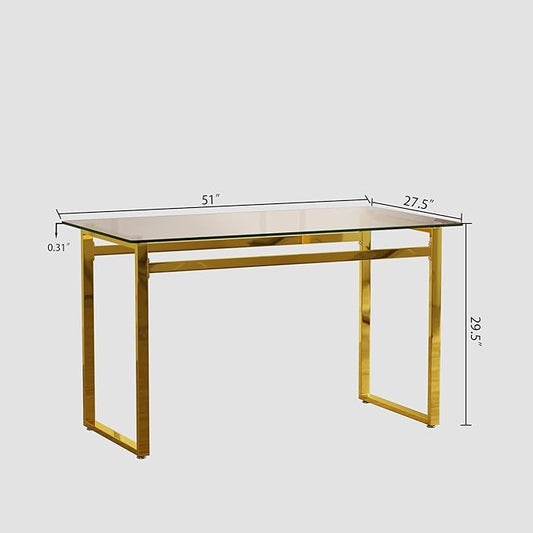 Modern Glass Dining Table for 4-6, 51" Rectangular Kitchen Dining Room Table with 0.31" Tempered Glass Tabletop and Gold Chrome Metal Legs, Writing Table Desk, for Kitchen Dining Living Room (Gold)