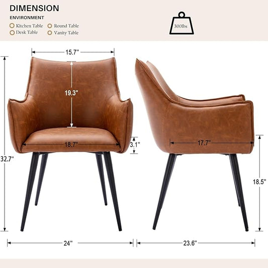 Brown PU Leather Chair, Upholstered Dining Room Chairs with Arms Set of 6 Mid Century Modern Kitchen Chair with Black Metal Legs Comfy Desk Armchair for Restaurant