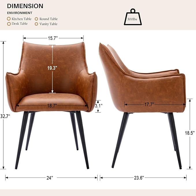 Brown PU Leather Chair, Upholstered Dining Room Chairs with Arms Set of 2 Mid Century Modern Kitchen Chair with Black Metal Legs Comfy Desk Armchair for Restaurant