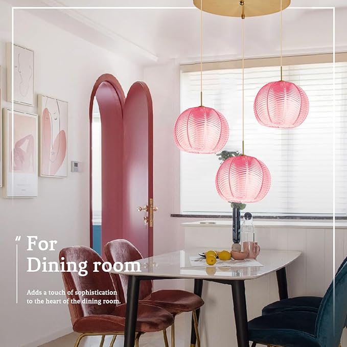 Cluster Chandelier 3-Lights Gold Pink Pendant Light Fixtures Glass Globe Chandeliers Dining Room Classic Glass Ball 8.6" Shade Adjustable Height Mid Century Modern Chandelier
