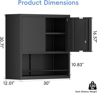 Metal Garage Cabinets, Lockable Storage Cabinet, Metal Cabinet with Open Storage, Upper Tool Cabinet for Basement, Wall Mounted Cabinets for Shop