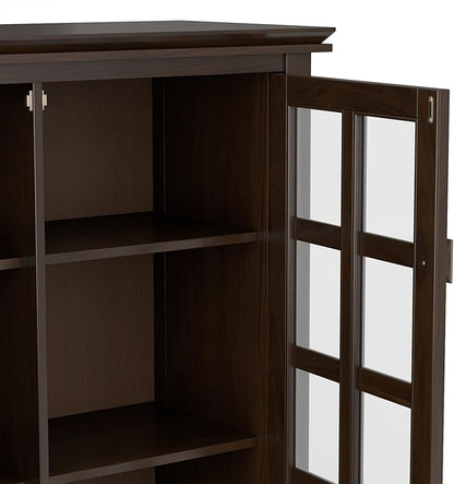 SIMPLIHOME Artisan Storage Cabinet - 38 inch Wide Solid Wood Medium Cabinet in Tobacco Brown, Transitional Accent Cabinet for Living Room or Dining Room with Glass Doors and Adjustable Shelves