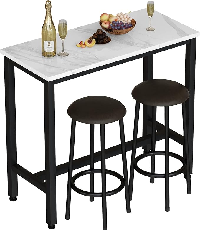 AWQM 39.3" Bar Table Set of 2,Faux Marble Pub Height Table and Chairs Set of 2 with Upholstered Stools,3 Piece Bar Table and Chairs Set Dining Table Set for Living Room,Kitchen,Bar,White & Brown