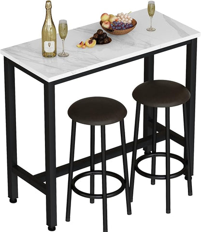 AWQM 39.3" Bar Table Set of 2,Faux Marble Pub Height Table and Chairs Set of 2 with Upholstered Stools,3 Piece Bar Table and Chairs Set Dining Table Set for Living Room,Kitchen,Bar,White & Brown