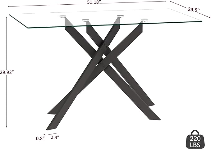 Dining Table with Tempered Glass Top, Modern Glass Dining Room Table Rectangle, Black Geometric Metal Leg, Kitchen Table 51" L x 29.5" W x 30" H, Black