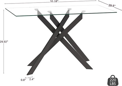 Dining Table with Tempered Glass Top, Modern Glass Dining Room Table Rectangle, Black Geometric Metal Leg, Kitchen Table 51" L x 29.5" W x 30" H, Black