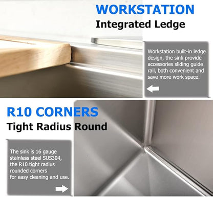 27 Inch Undermount Kitchen Sink Workstation 16 Gauge Stainless Steel Undermount Sink Single Bowl Handmade 10 Inch Deep