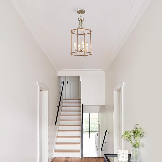 XINGQI Farmhouse Chandeliers for Dining Room,4 Light Nickel Wood Grain Finish Hanging Lantern Pendant Lighting Fixture for Staircase Foyer Kitchen Island Dinning Room Living Room