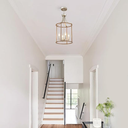 XINGQI Farmhouse Chandeliers for Dining Room,4 Light Nickel Wood Grain Finish Hanging Lantern Pendant Lighting Fixture for Staircase Foyer Kitchen Island Dinning Room Living Room