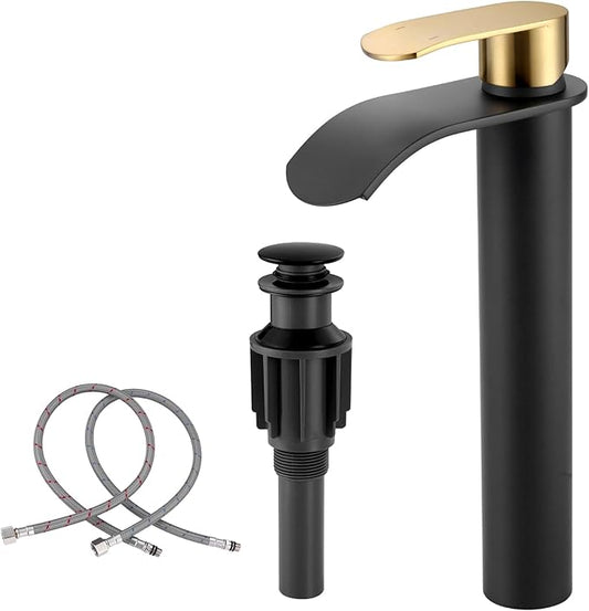 Vessel Sink Faucet Black and Gold：WOWOW Single Handle Tall Bathroom Faucet - Waterfall Single Hole Mixer Bar Tap with Large Rectangular Spout, Deck Mount Lavatory Vanity with Pop Up Drain