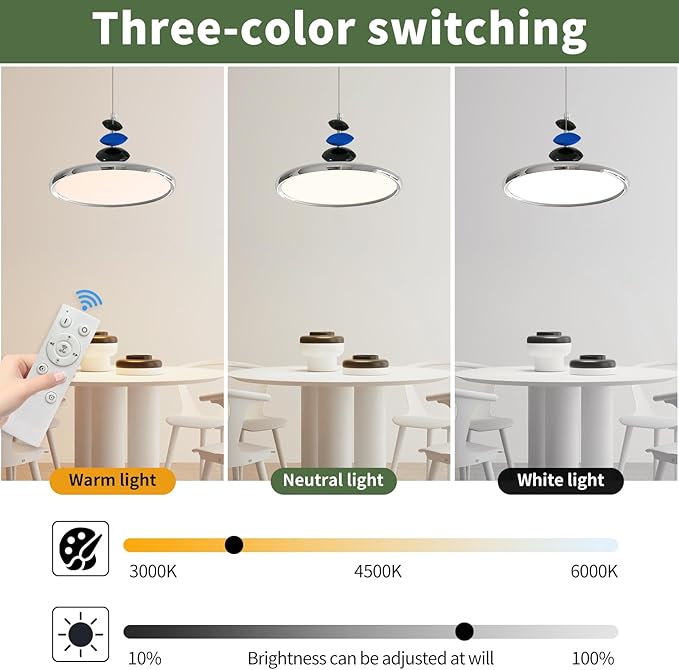 Mikeru Modern Pendant Lights, 15.8" Chrome Pendant Lighting Fixture with Remote Control Dimmable 3 Color Mode & Brightness Mid Century Island Light Fixture for Dining Room,Kitchen,Living Room